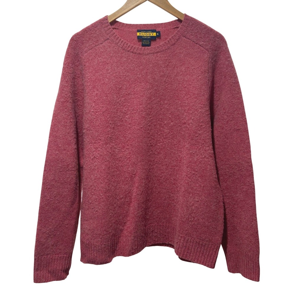 Ralph Lauren Rugby Sweater Size XL Pink 100% Wool Brown Elbow Patches Preppy
